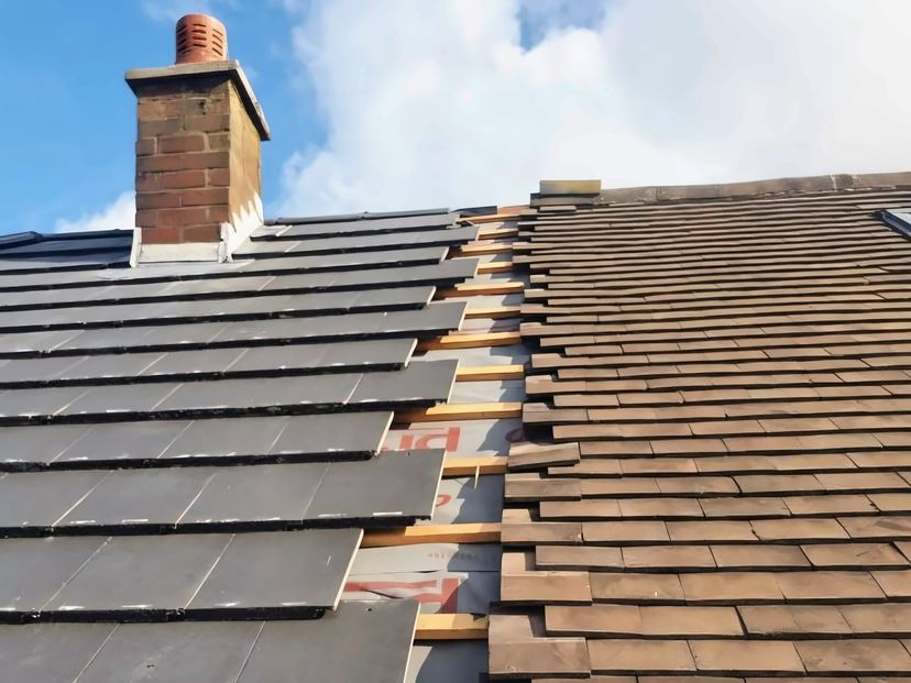 New grey tiles going on beside older brown tiles, under a brick chimney